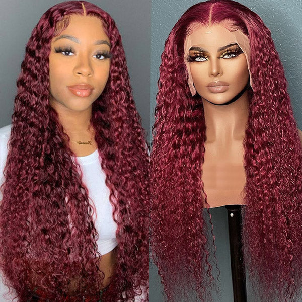 Deep Wave 13x6x1 HD Lace Wigs Burgundy 99J Color Human Hair Wigs