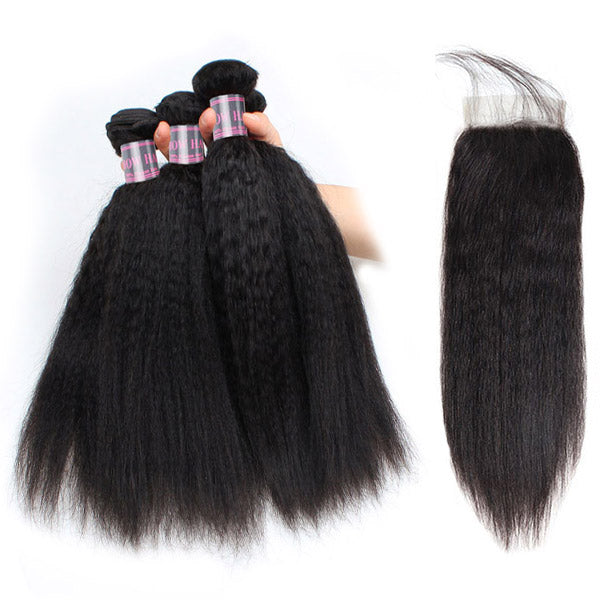 Ishow Virgin Indian Hair Yaki Straight Human Hair Weave 4 Bundles With Closure