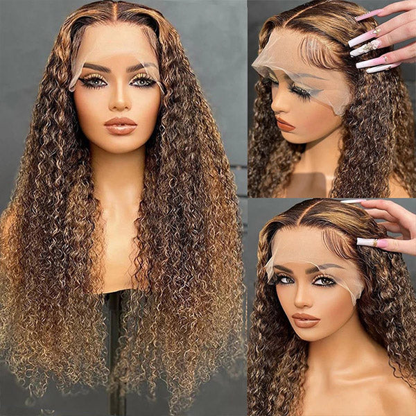 Honey Blonde Highlight Curly Hair 13x4 Lace Front Wig 30Inch Transparent Human Hair Wigs