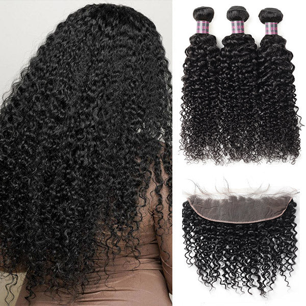 Indian Human Hair Curly Wave 3 Bundles With 13*4 Lace Frontal Virgin Human Hair