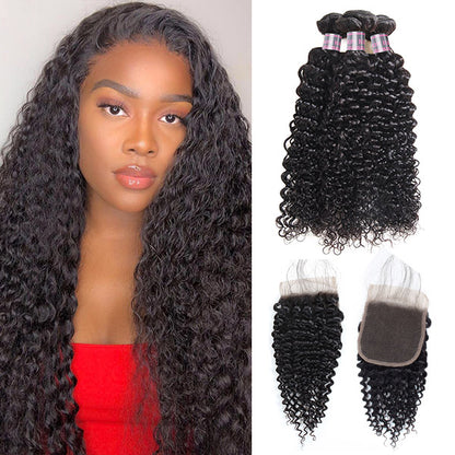 Brazilian Curly Wave 3 Bundles With 4*4 Lace Closure 8A Unprocessed Virgin Human Hair