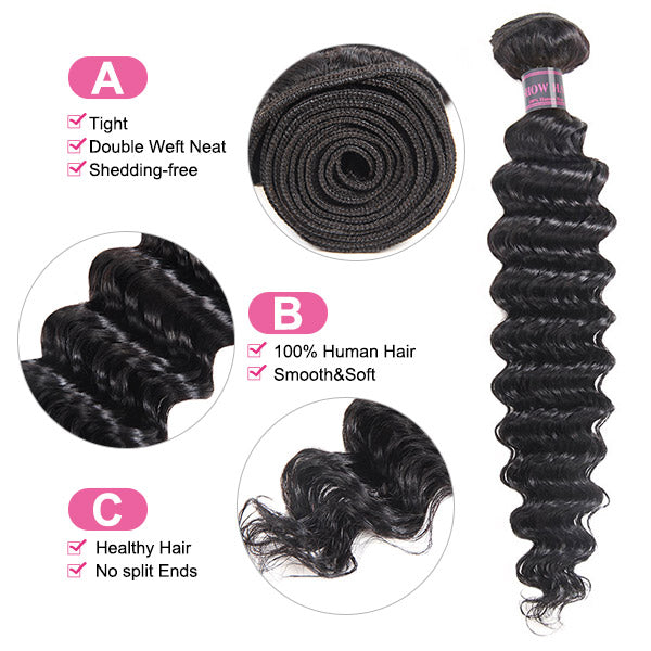 Brazilian Deep Wave Hair 3 Bundles with 13x4 HD Ear To Ear Lace Frontal Closure Virgin Human Hair