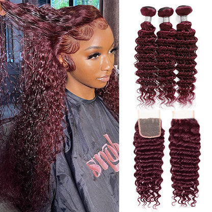 99J Deep Wave 3 Bundles With Closure Virgin Burgundy Human Hair Bundles With Closure