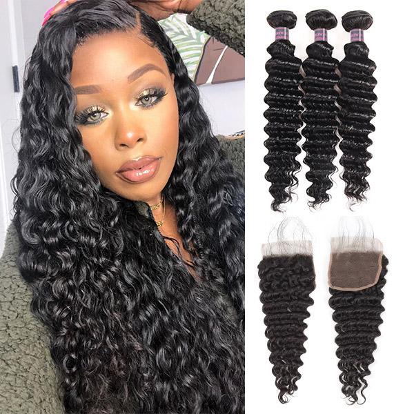 8A Brazilian Virgin Hair Deep Wave Human Hair 3 Bundles With 4*4 Lace Closure