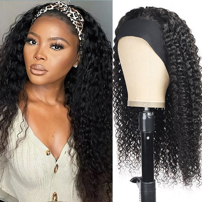 Deep Wave Headband Wig with Bangs Deep Curly Glueless Human Hair Wigs