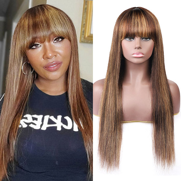 Virgin Straight Hair Wigs With Bang Highlight Color Machine Made Human Hair Wigs