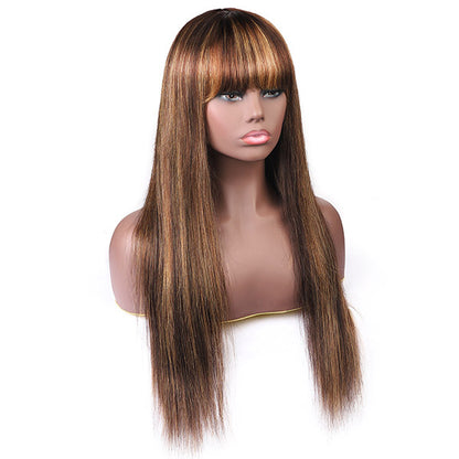 Virgin Straight Hair Wigs With Bang Highlight Color Machine Made Human Hair Wigs