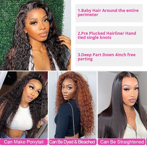 Water Wave Glueless Wigs 4x4 HD Lace Closure Wig Human Hair Wigs No Glue 200% Density