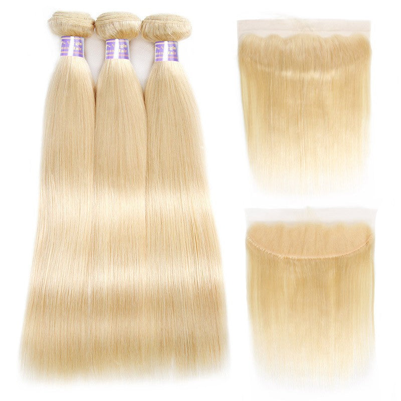 Virgin 613 Blonde Straight Human Hair 3 Bundles With Lace Frontal Closure