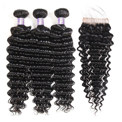 9A Allove Deep Wave Virgin Hair 3 Bundles With One FREE Closure