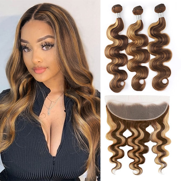 Honey Blonde Highlight Bundles with Hd Frontal Malaysian Body Wave Human Hair