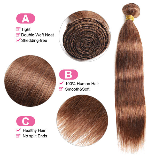 Light Brown Straight Human Hair 3 Bundles With 4x4 Closure 