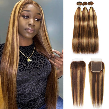 Highlight Hair Bundles With Closure Bone Straight Human Hair With 3 Bundles 100% Virgin Hair