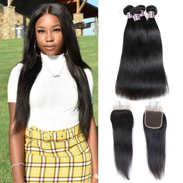 Brazilian Virgin Straight Hair 4 Bundles With 4x4 Lace Closure