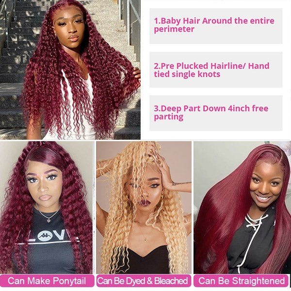 Deep Wave 13x6x1 HD Lace Wigs Burgundy 99J Color Human Hair Wigs