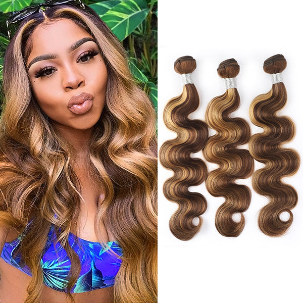 Highlight Body Wave Human Hair 3 Bundles with Lace Closure P4/27