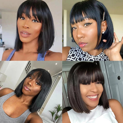 Straight Bob Virgin Hair Wigs Machine Made Human Hair Wigs with Bangs Bob Wig with Fringe