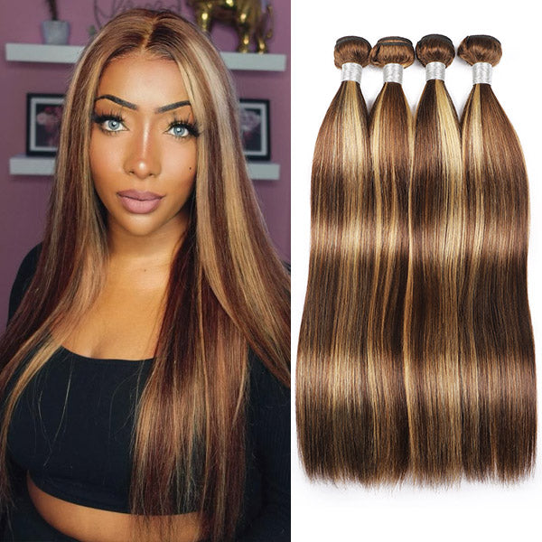 Highlight Hair Bundles Virgin Straight Human Hair 4 Bundles Ombre Honey Blonde P4/27 Color