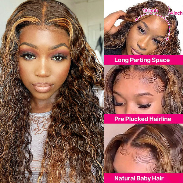 30Inch Highlight Wigs Deep Wave 13x4 HD Lace Front Wigs Ombre Honey Blonde Human Hair Wigs