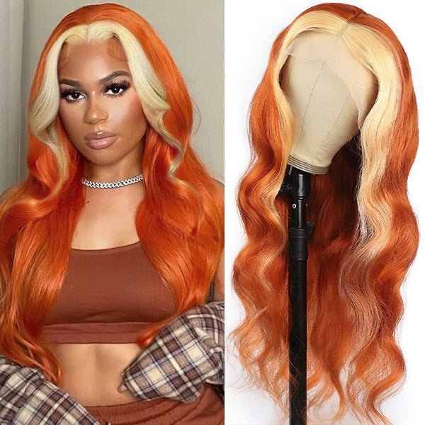 Orange Wig with Blonde Highlights 13x4 HD Lace Wig Body Wave Human Hair Wigs T Part Lace Front Wigs