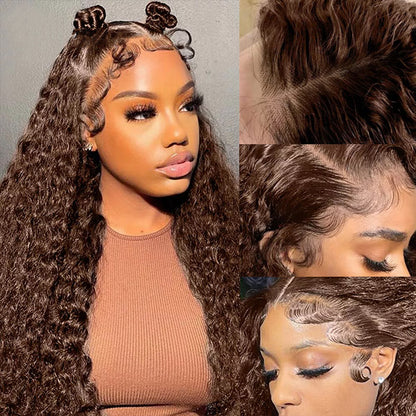 13x4 Deep Wave Frontal Wig Dark Brown HD Lace Wigs 