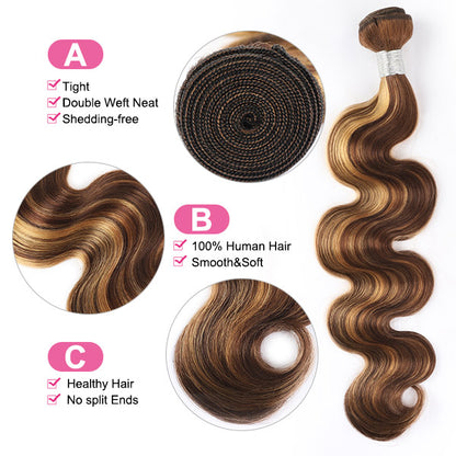 Highlight Body Wave Hair 3 Bundles with 13x4 Lace Frontal Closure Ear to Ear Virgin Human Indian Hair