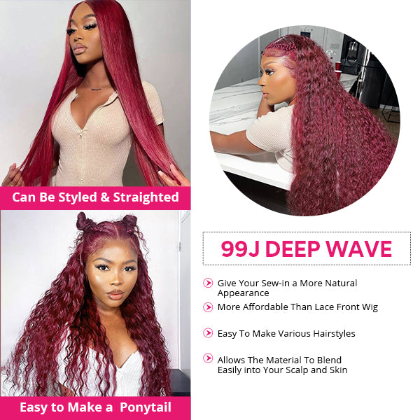 99J Deep Wave 3 Bundles With Closure Virgin Burgundy Human Hair Bundles With Closure