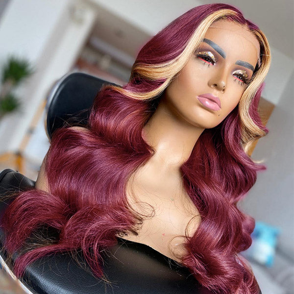 Skunk Stripe Wig Burgundy Blonde Colored Wig 13x4 Lace Front Wig