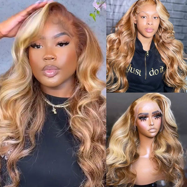 P4/613 Body Wave Wig Brown With Blonde Highlight 13x4 HD Lace Front Wigs