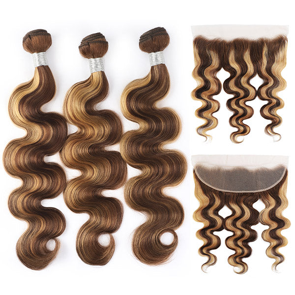 Highlight Body Wave Bundles With 13*4 Lace Frontal Virgin Human Brazilian Hair P4/27