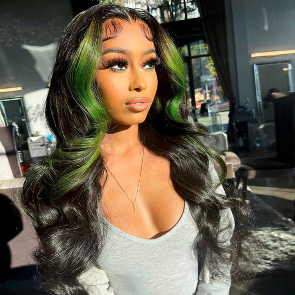 Highlight Green Wigs 13x4 HD Lace Front Wigs Body Wave Human Hair Wigs 34 Inch