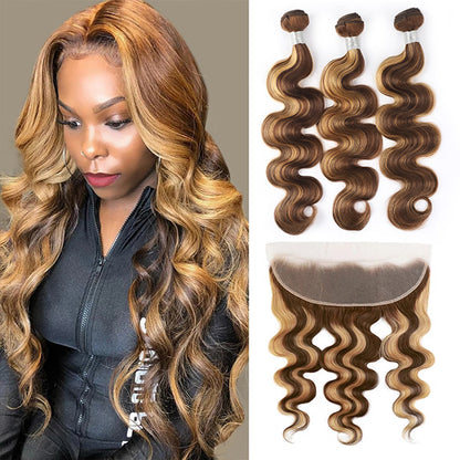 Highlight Body Wave Bundles With 13*4 Lace Frontal Virgin Human Brazilian Hair P4/27