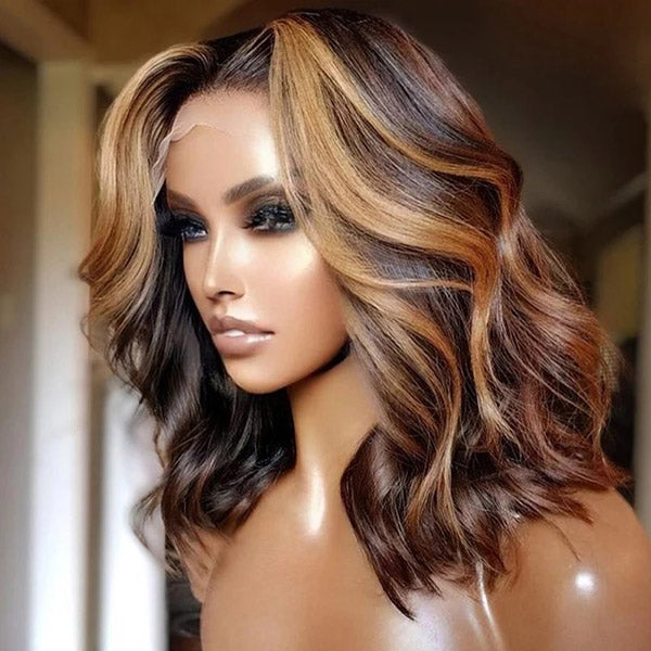 Highlight Body Wave Bob Wigs Honey Blonde Bob Wigs Short Wavy HD Lace Wig