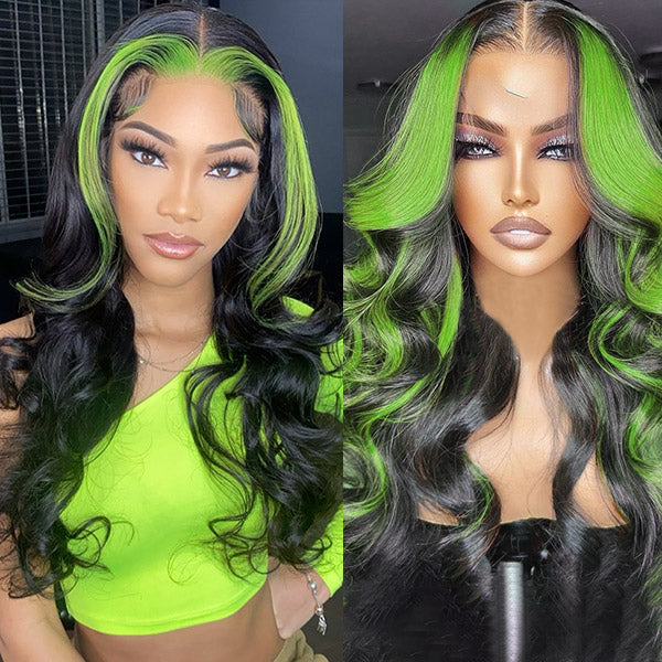 Highlight Green Wigs 13x4 HD Lace Front Wigs Body Wave Human Hair Wigs 34 Inch