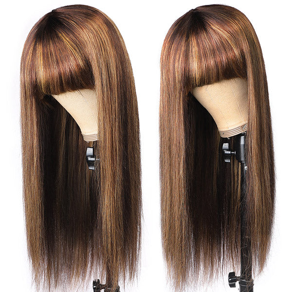 Virgin Straight Hair Wigs With Bang Highlight Color Machine Made Human Hair Wigs