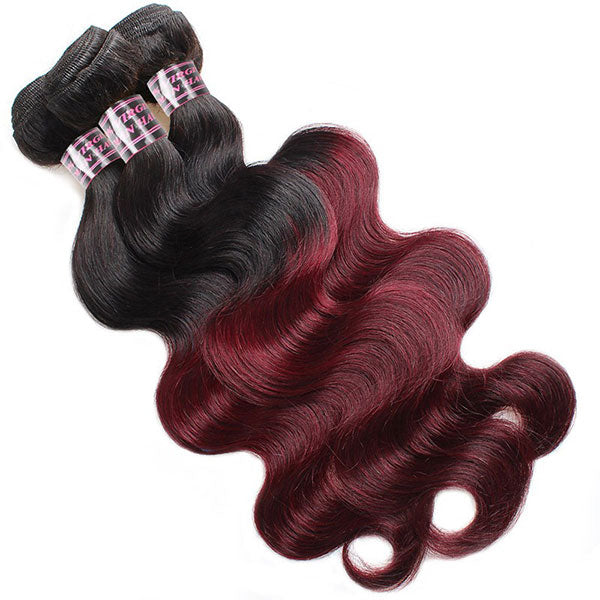 Ombre 99J Body Wave Human Hair 3 Bundles With 4x4 Lace Closure