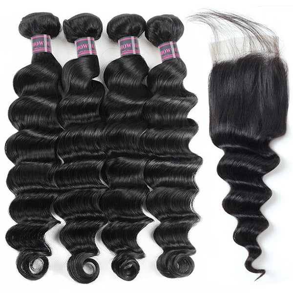 Ishow Loose Deep Wave Human Hair 4 Bundles With Lace Closure Unprocessed Virgin Indian Hair