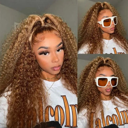 Honey Blonde Highlight Curly Hair 13x4 Lace Front Wig 30Inch Transparent Human Hair Wigs