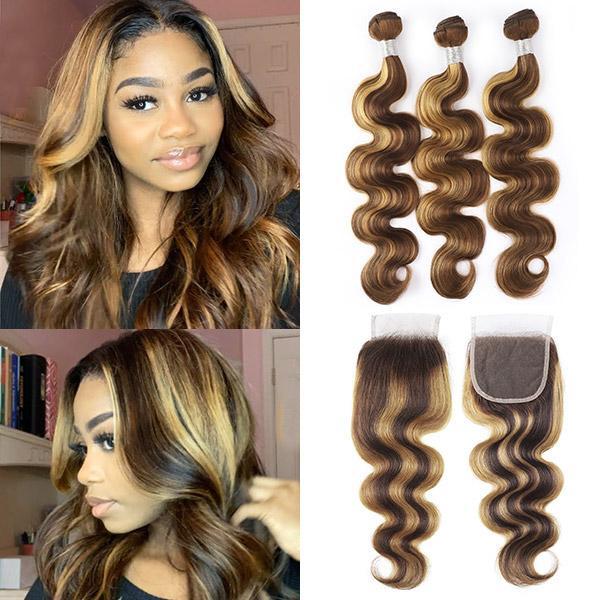 Highlight Human Hair Bundles Body Wave 3 Bundles With Closure P4/27 Color Bundles