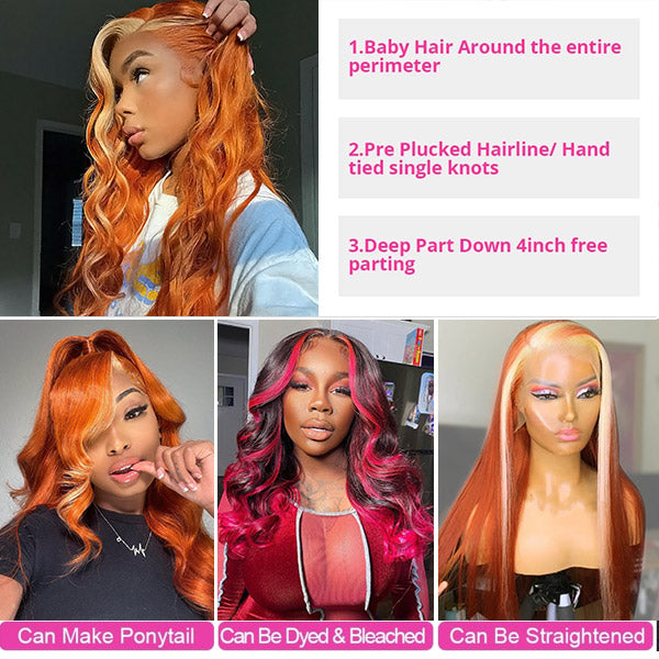 Ginger Wig with Blonde Highlights 4x4 Lace Closure Wig Body Wave Human Hair Wigs