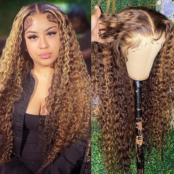 Honey Blonde Highlights Wig Curly Hair 4x4 Lace Closure Wigs 180% Density HD Transparent Lace Wig