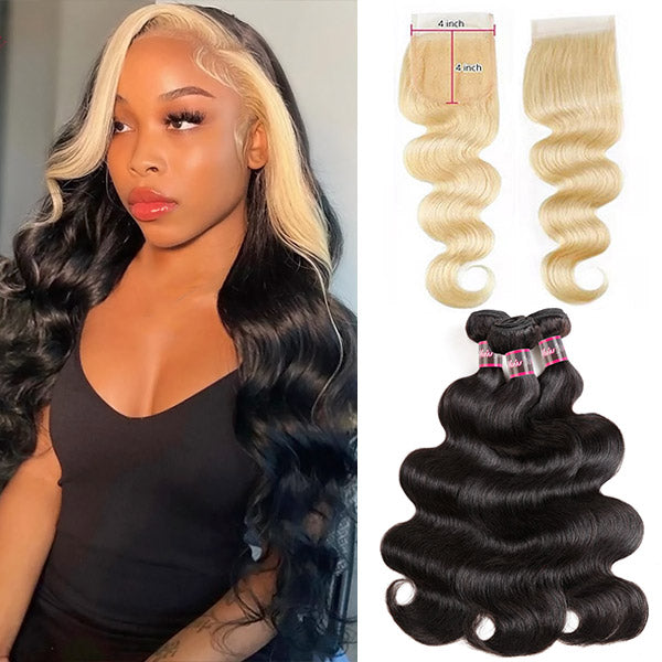 Black and Blonde Bundles with Closure Ombre Body Wave Hair with 4x4 Lace Closure