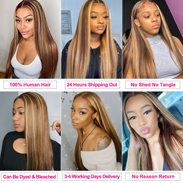 Highlight Hair Bundles Virgin Straight Human Hair 4 Bundles Ombre Honey Blonde P4/27 Color