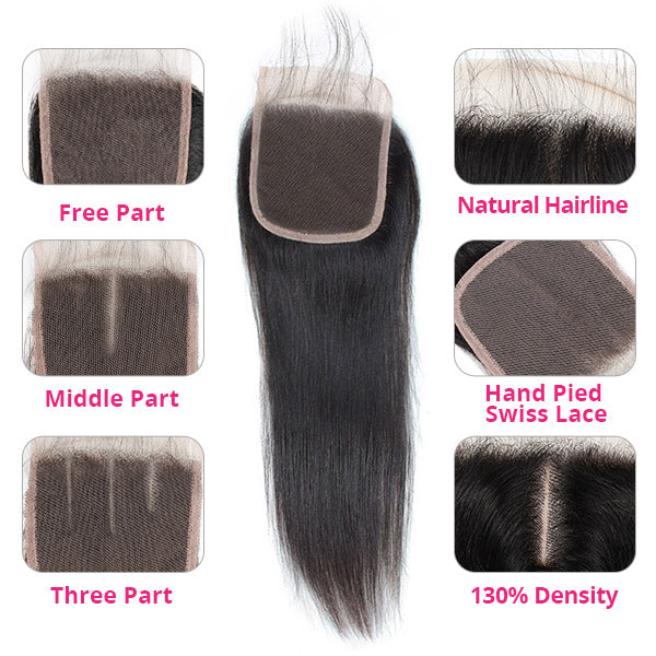 Brazilian Straight Hair 3 Bundles with 4x4 Lace Closure Virgin Human Hair Weave with Closure