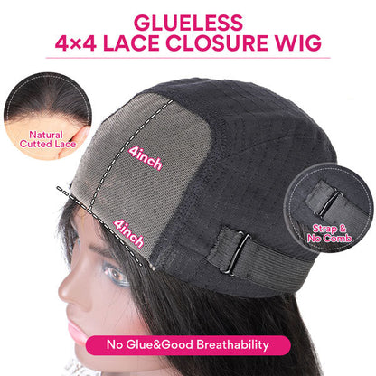 Glueless Wigs Kinky Straight 4x4 HD Lace Closure Wig Pre Cut Lace With Elastic Band