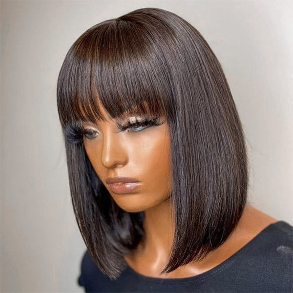 Straight Bob Virgin Hair Wigs Machine Made Human Hair Wigs with Bangs Bob Wig with Fringe