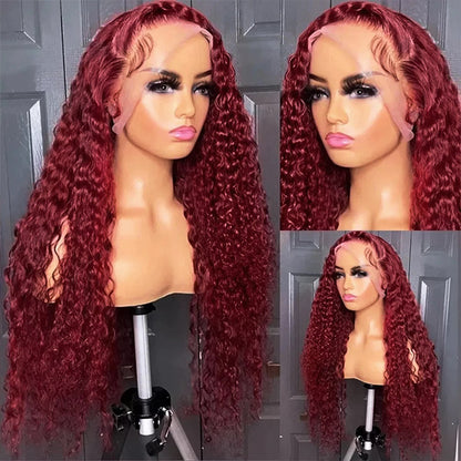 30 Inch 99J Deep Wave Lace Front Wig 13x4 HD Lace Frontal Wig Burgundy Human Hair Wigs