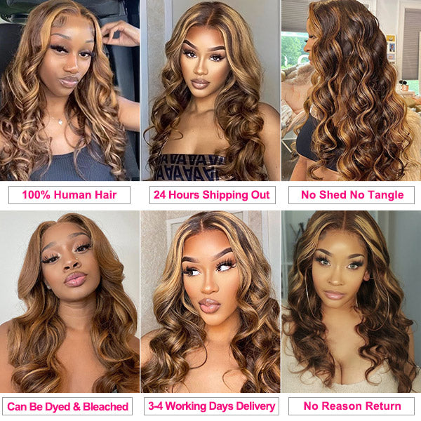 Highlight Body Wave Hair 3 Bundles with 13x4 Lace Frontal Closure Ear to Ear Virgin Human Indian Hair