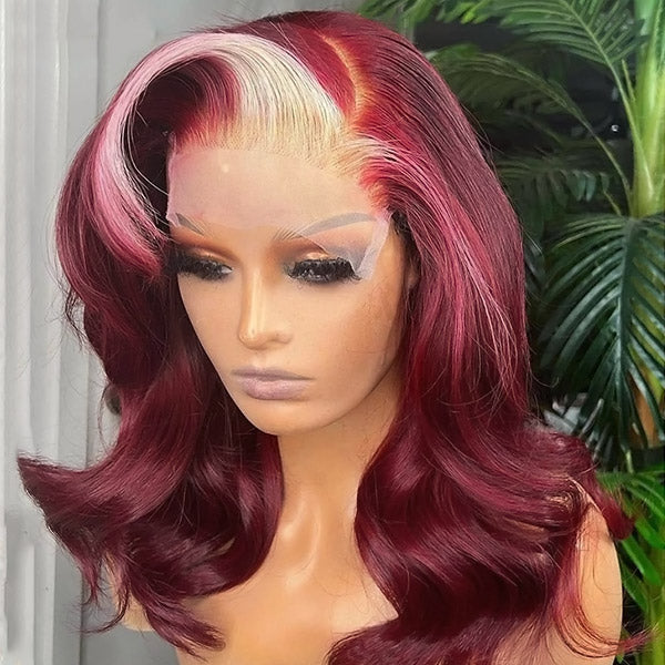 Skunk Stripe Wig Burgundy Blonde Colored Wig 13x4 Lace Front Wig Body Wave HD Wigs