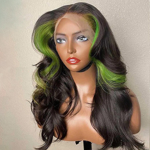 Highlight Green Wigs 13x4 HD Lace Front Wigs Body Wave Human Hair Wigs 34 Inch